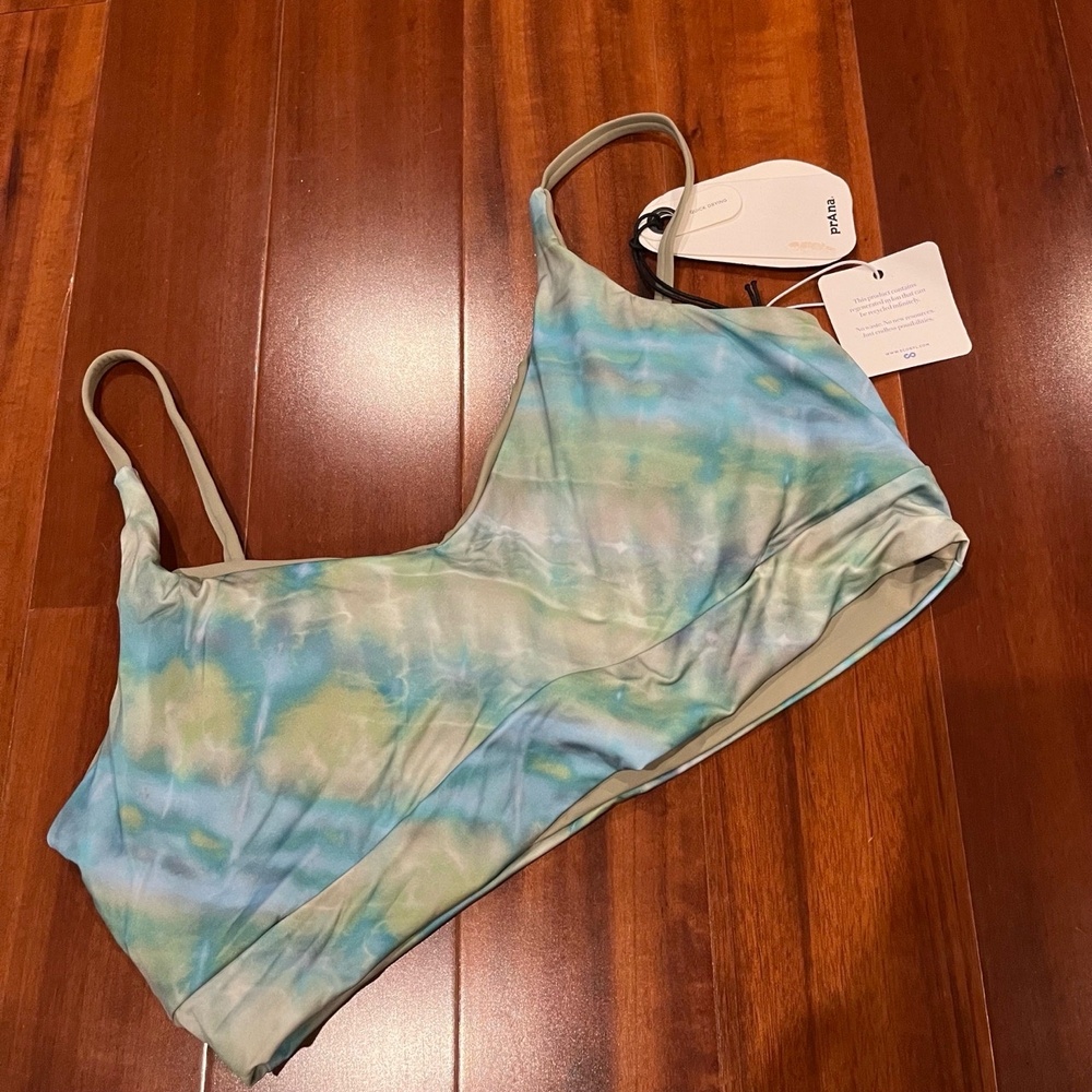 New NWT prAna Willow Falls Reversible Bikini Swim Top TieDye Green Blue Sz Small